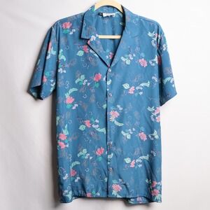 Liberty House of Hawaii‎ Mens Blue Floral Aloha Shirt Large Vintage Notch Collar